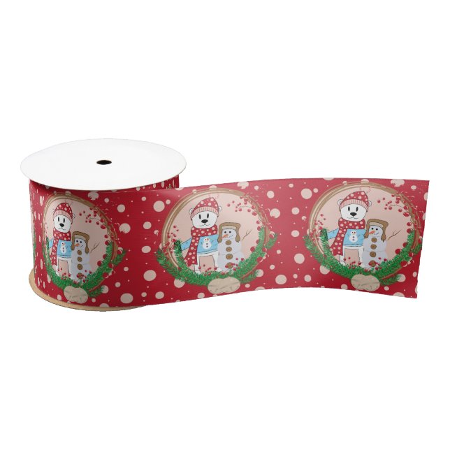 Red Holiday Ribbon Pink Dots Polar Bear n Snowman  (Spool)