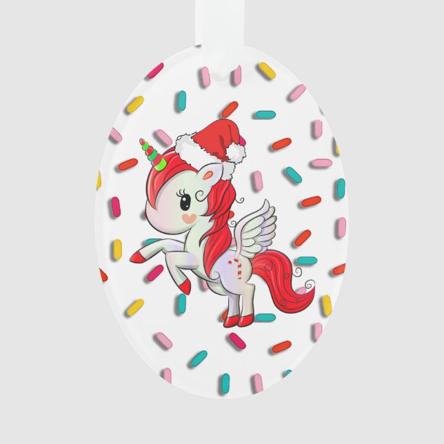 Red Holiday Unicorn and Sprinkles Christmas Ornament (Front)