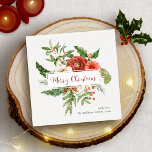 Red Holiday Watercolor Botanical Merry Christmas<br><div class="desc">This beautiful square holiday card features elegant watercolor red flowers with greenery on white background with Merry Christmas in red text. The back of the card includes a message for personalization or you can leave blank for a handwritten message.</div>
