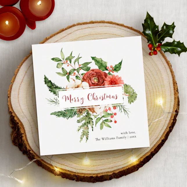 Red Holiday Watercolor Botanical Merry Christmas | Zazzle