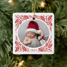 Red Holly 2 Photo With Year Christmas Ceramic Ornament at Zazzle