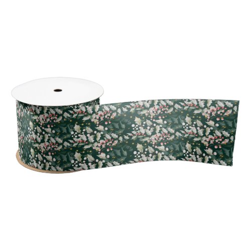 Red Holly Berries and Foliage on Dark Green Satin Ribbon