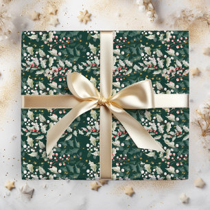Red Holly Berries and Foliage on Dark Green Wrapping Paper