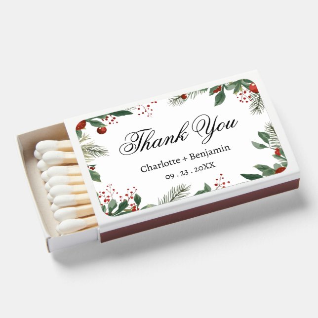 Red Holly Berries & Green Leaves Christmas Wedding Matchboxes (Front Open)