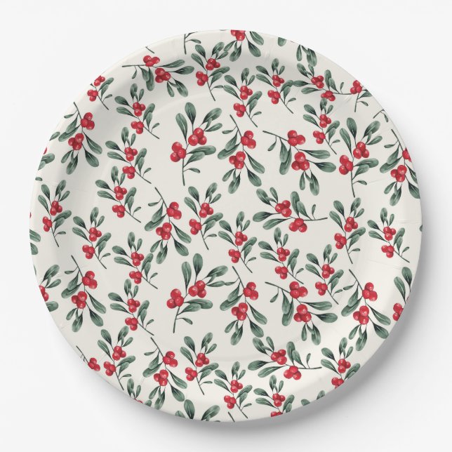 Red Holly berries Green mistletoe leaves Paper Plates (Front)