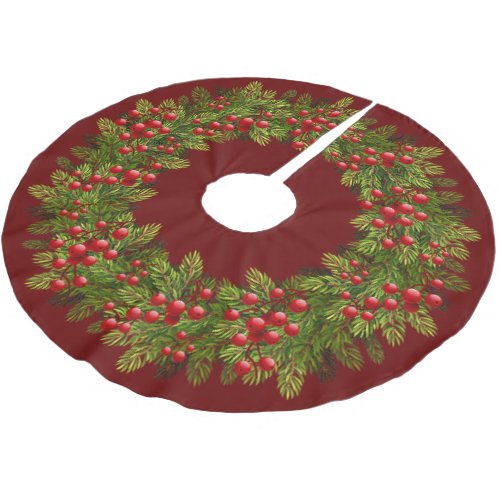 Red Holly Berries Green Pine Tree Needles Motif Brushed Polyester Tree Skirt