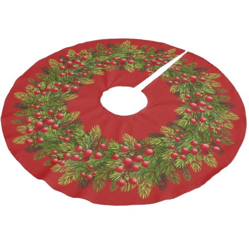 Red Holly Berries Green Pine Tree Needles Motif Brushed Polyester Tree Skirt