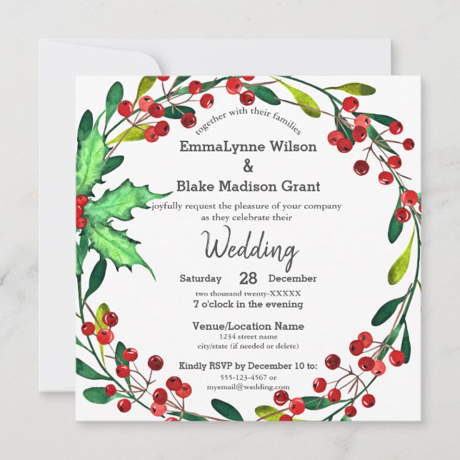 Red Holly Berries Green Wreath White Wedding Invitation (Front)