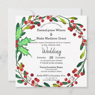 Red Holly Berries Green Wreath White Wedding Invitation