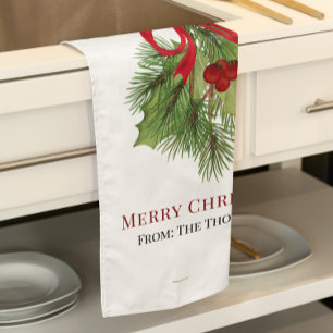 Red Holly Berries Merry Christmas Custom Kitchen Towel