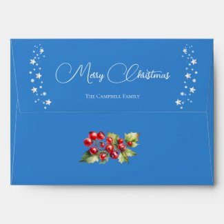 Red Holly Berries on Blue with Stars Christmas