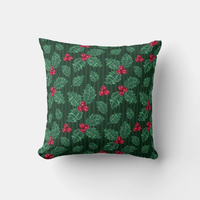 Red Holly Berries on Green Christmas Theme  Throw Pillow (Front)