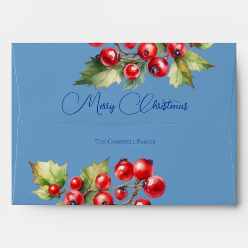 Red Holly Berries on Icy Blue Christmas Card Envelope