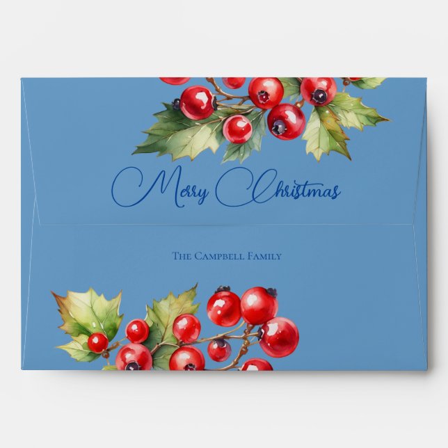 Red Holly Berries on Icy Blue Christmas Card Envelope (Back (Top Flap))