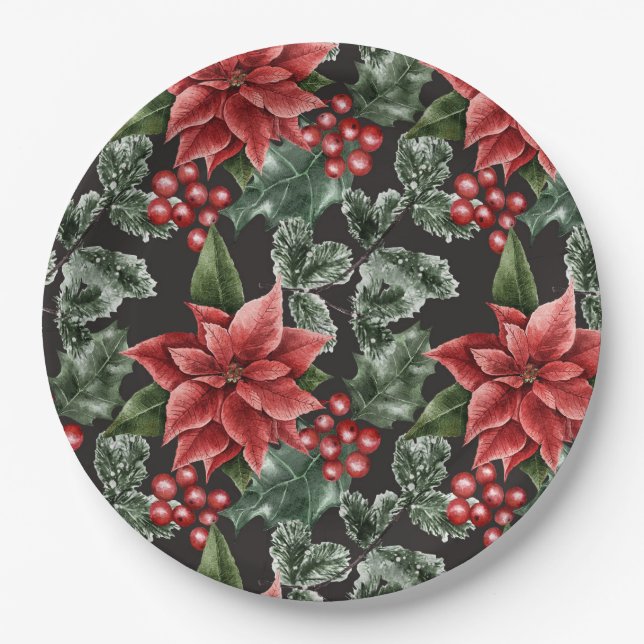 Red Holly Berries Poinsettia Greenery Christmas  Paper Plates (Front)