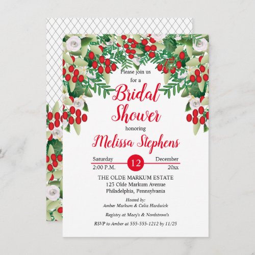 Red Holly Berries  Roses Floral Bridal Shower Invitation