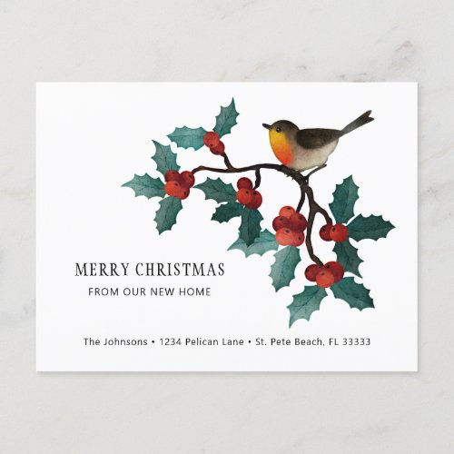 Red Holly Berries Winter Bird Holiday Moving Announcement Postcard