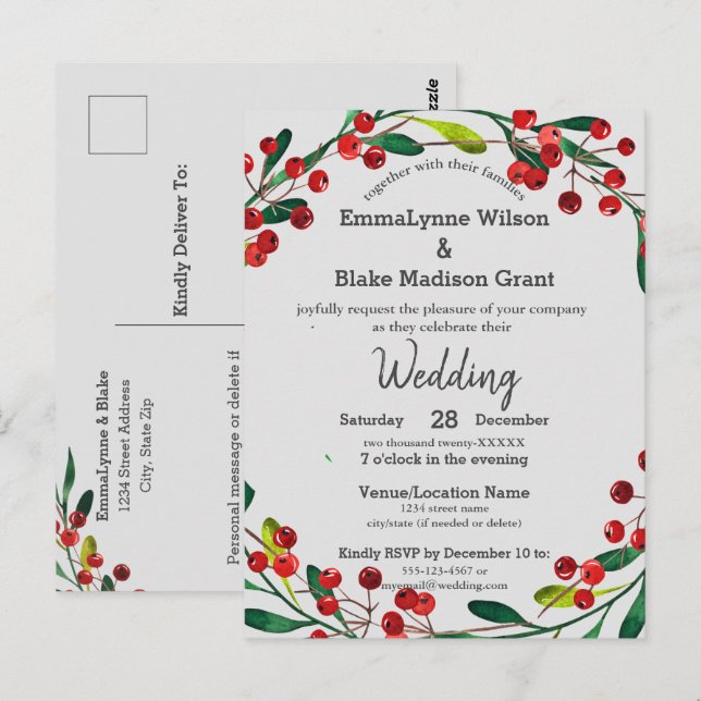 Red Holly Berries Wreath Xmas Wedding Invitation Postcard (Front/Back)