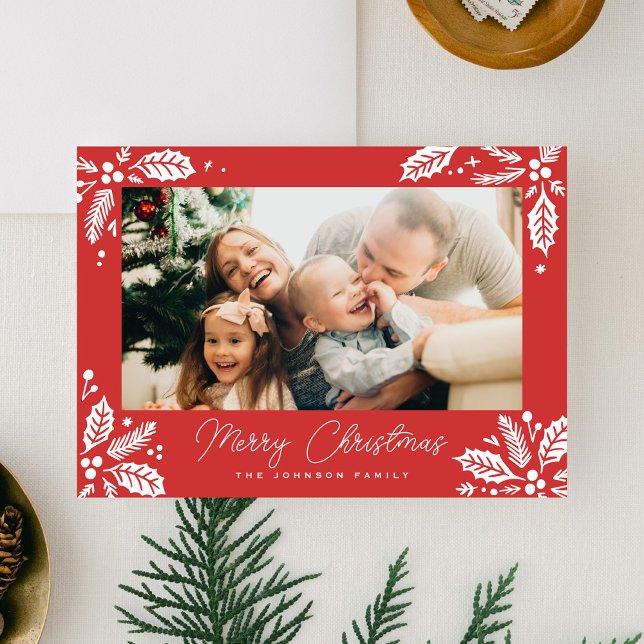 Red Holly Berry Corners Frame Photo Holiday Card (Creator Uploaded)