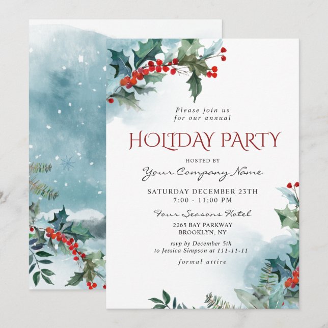 Red Holly Berry CORPORATE Christmas Holiday Party Invitation (Front/Back)