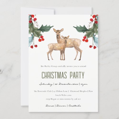 RED HOLLY BERRY DEER DUO CORPORATE CHRISTMAS PARTY HOLIDAY CARD