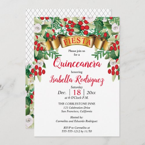 Red Holly Berry Floral Quinceaera Birthday Party Invitation