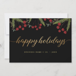 Red Holly Black & Gold Corporate Happy Holidays Holiday Card