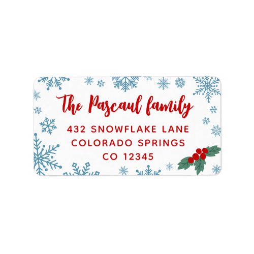 Red Holly Blue Snowflakes Christmas Return Label