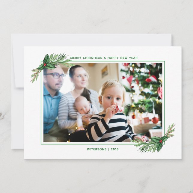 Red Holly Bouquet Merry Christmas Family Photo Holiday Card (Front)