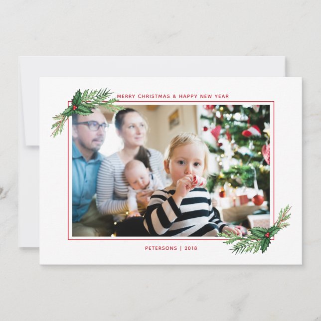 Red Holly Bouquet Merry Christmas Family Photo Holiday Card (Front)