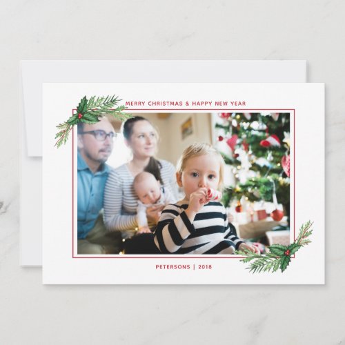 Red Holly Bouquet Merry Christmas Family Photo Holiday Card