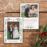 Red Holly Frame Merry & Married Christmas Photo Holiday Card<br><div class="desc">Thank your guests for attending the wedding and wish them a merry Christmas with a beautiful monogrammed Christmas photo card personalized with your wedding photo, your names, and a personal thank you message and Christmas greeting on the back. The merry & married Christmas card has a holly monogram, a holly...</div>