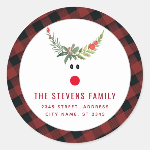 Red holly funny reindeer  modern holiday classic round sticker