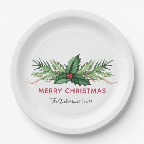 Red Holly Leaves Bouquet Christmas Holiday Paper Plates