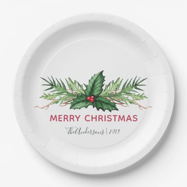 Red Holly Leaves Bouquet Christmas Holiday Paper Plates (Front)