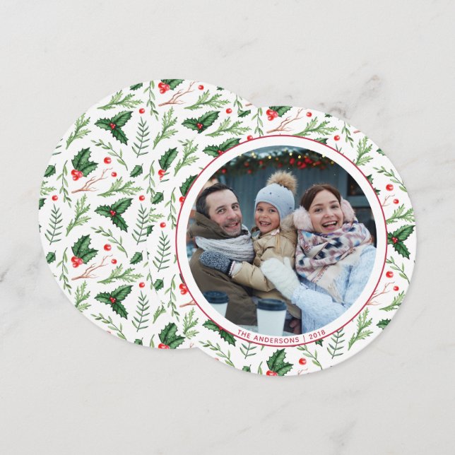 Red Holly Leaves Christmas Family Photo Holiday Invitation (Front/Back)