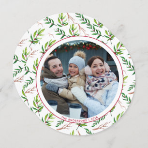 Red Holly Leaves Christmas Family Photo Holiday Invitation