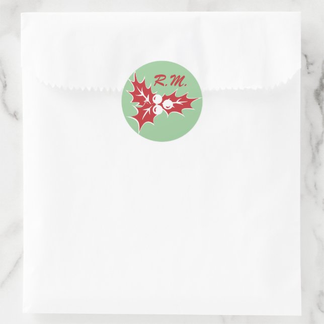 Red Holly Leaves Custom Initials Holiday Sticker (Bag)
