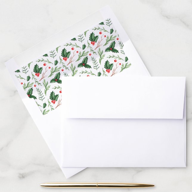 Red Holly Leaves Foliage Painted Christmas Holiday Envelope Liner (Desk)