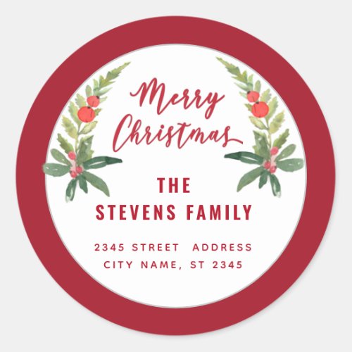 Red holly  modern script Merry Christmas Classic R Classic Round Sticker
