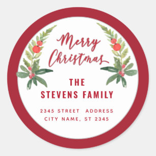 Red holly  modern script Merry Christmas Classic R Round Sticker