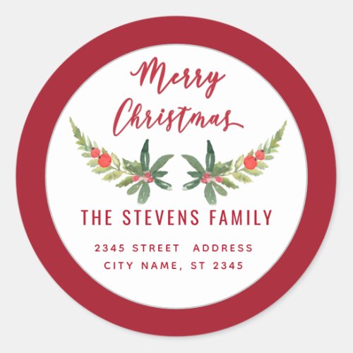 Red holly  modern script Merry Christmas  Classic Round Sticker