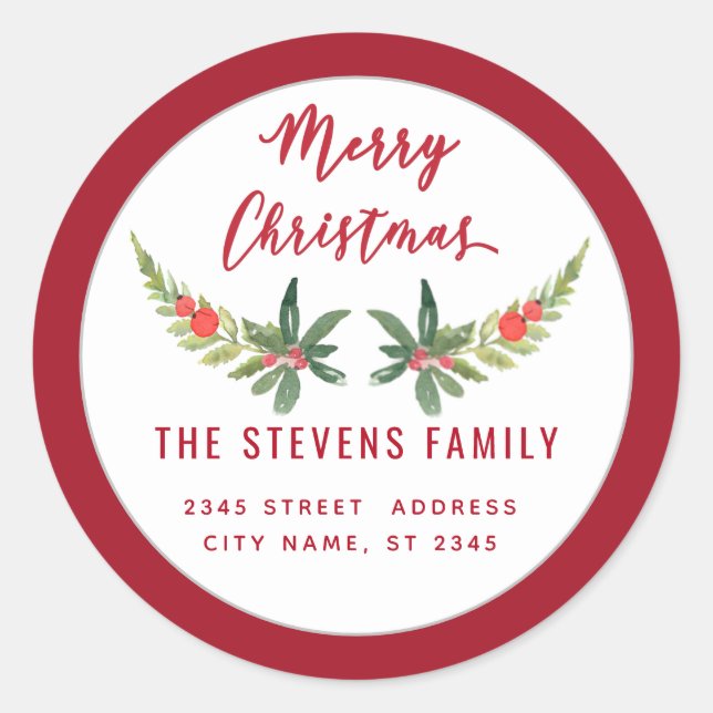 Red holly  modern script Merry Christmas  Classic Round Sticker (Front)