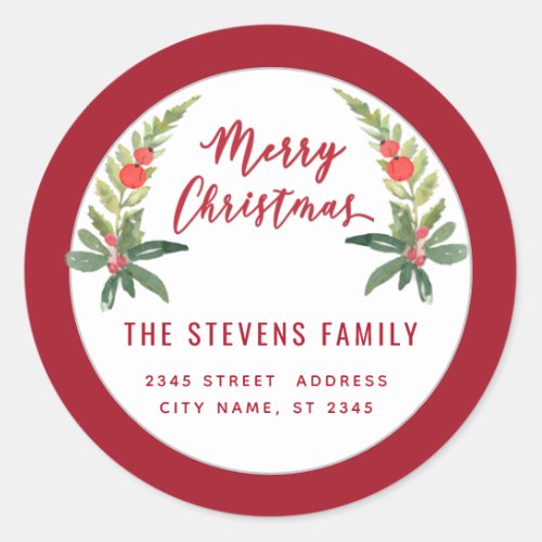 Red holly  modern script Merry Christmas Classic Round Sticker