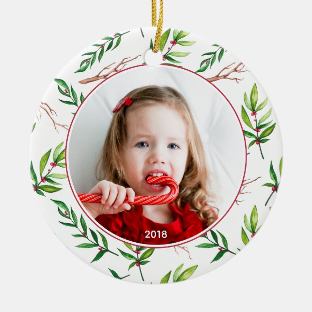 Red Holly Pattern Christmas Photo Holiday Ceramic Ornament (Front)