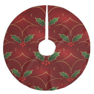 Red Holly Pattern – Elegant Christmas Style Brushed Polyester Tree Skirt