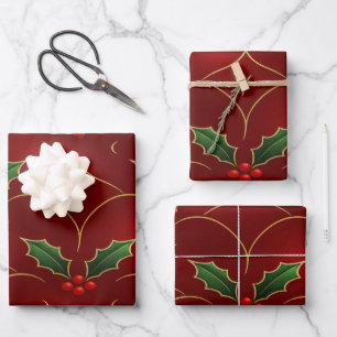 Red Holly Pattern – Elegant Christmas Style Wrapping Paper Sheets