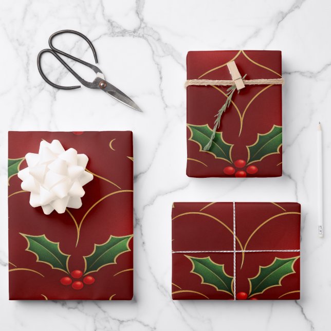 Red Holly Pattern – Elegant Christmas Style Wrapping Paper Sheets (Front)