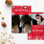 Red Holly Snowflakes 1st Christmas Married Photo Holiday Card<br><div class="desc">Beautiful snowflake themed First Christmas as Mr & Mrs last name card printed with your wedding photos,  one on either side,  pretty white snowflakes,  white holly berries with green leaves,  and your name and the year. Romantic wedding photo Christmas card with snowflakes and white holly.</div>