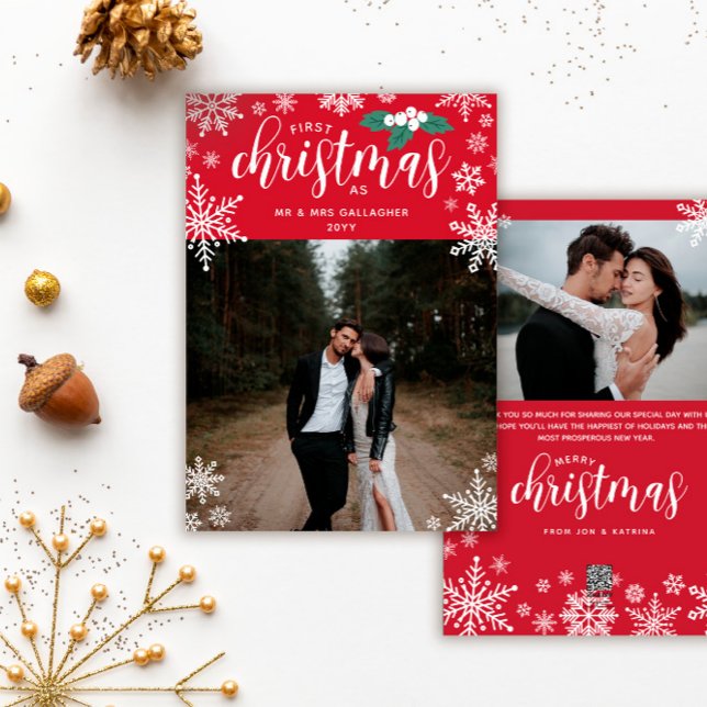 Red Holly Snowflakes 1st Christmas Married Photo Holiday Card (Creator Uploaded)
